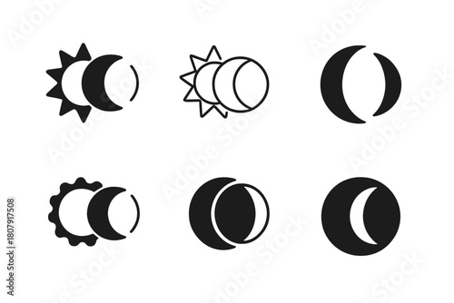 Moon Phase Icons. Moon phases. Icon set. Set Logo of moon phases: crescent-to-full sequence along a curved path. harmonious logo variations of the same