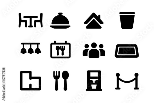 Dining Area Icons. Dining area. Solid icon set of Dining area: table and chairs, tray, napkin holder, trash bin, food court sign, ceiling lights, crowd