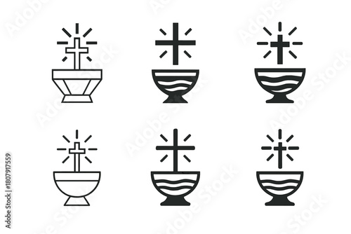 Baptism Emblems Collection. The significance of baptism in Christian faith. Icon set. Set Logo of baptism: cross emerging from rippling water. harmonious logo