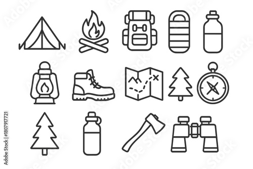 Wilderness Camping Icons. Wilderness camping. Line icon set of Wilderness camping: tent, campfire, backpack, sleeping bag, lantern, hiking boots, map, compass,