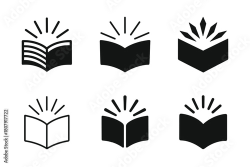Library Logos Variations. Library. Icon set. Set Logo of library: open book with rays of knowledge. harmonious logo variations of the same emblematic concept,