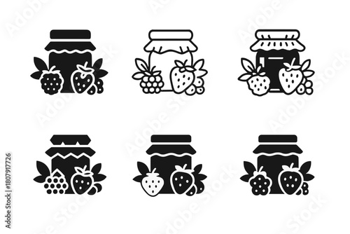 Homemade Jam Logos. Making your own homemade jam. Icon set. Set Logo of Homemade Jam: glass jar filled with jam and a fruit label. harmonious logo variations