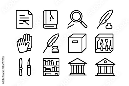 Archival Restoration Icons. Archival restoration. Line icon set of Archival restoration: document, old book, magnifying glass, paintbrush, gloves, feather