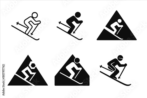 Skiing Logo Variations. Skiing on mountain slopes. Icon set. Set Logo of skiing on mountain slopes: skier descending a steep snowy hill. harmonious logo