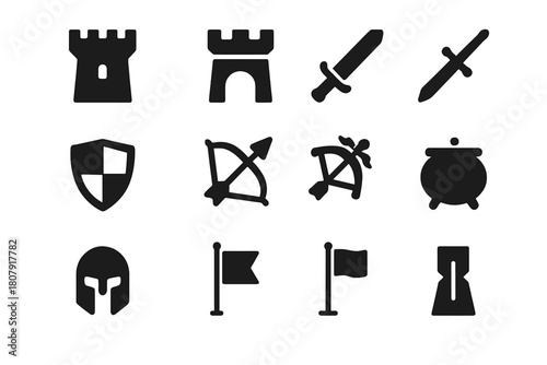 Castle Defense Icons. Castle defense. Solid icon set of castle defense: tower, gate, shield, sword, bow, crossbow, cauldron, stone, banner, helmet, flag, arrow