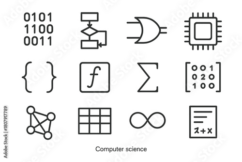 Computer Science Icons. Computer science formulas. Line icon set of computer science formulas: binary code, algorithm flowchart, logic gate, CPU chip, bracket