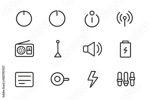 Radio Control Icons. Radio control. Line icon set of radio control: tuning knob, volume dial, power button, signal waves, AM/FM radio, antenna, speaker,