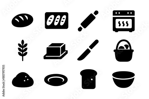 Home Bakery Icons. Home bakery. Solid icon set of home bakery: loaf, tray, rolling pin, oven, wheat stalk, butter, knife, basket, dough, plate, slice, bowl.