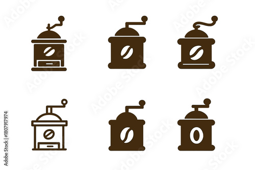 Coffee Brewing Logos. Coffee brewing. Icon set. Set Logo of coffee brewing: coffee grinder. harmonious logo variations of the same emblematic concept, each