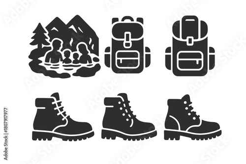 Adventure Gear Icons. A family exploring a natural hot spring in a remote mountain area. Icon set. Set Logo of Adventure Gear: Backpack and hiking boots.