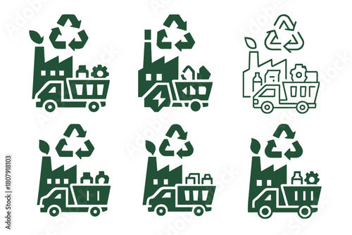 Industrial Waste Management Icons. Reducing industrial pollution through waste management. Icon set. Set Logo of reducing industrial pollution through waste