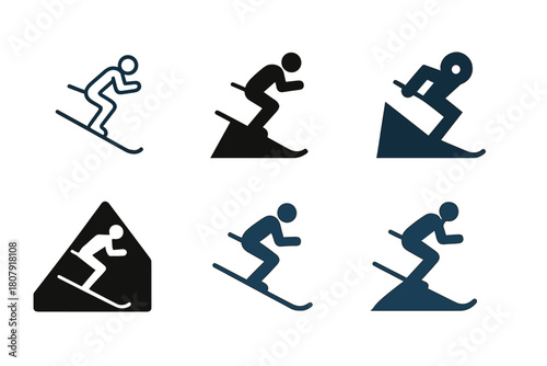 Skiing Logo Variations. Skiing on mountain slopes. Icon set. Set Logo of skiing on mountain slopes: skier descending a steep snowy hill. harmonious logo