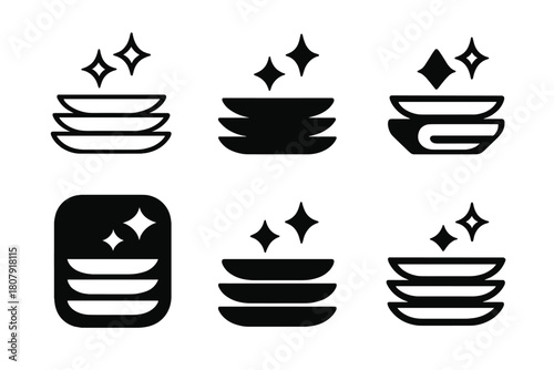 Stacked Plates Logos. Stacking clean plates. Icon set. Set Logo of stacking clean plates: neatly stacked dishes. harmonious logo variations of the same