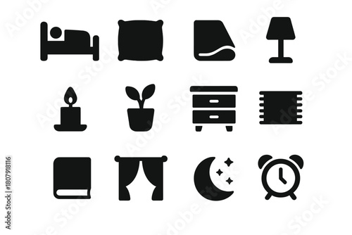 Peaceful Sleep Icons. Peaceful sleep. Solid icon set of Peaceful sleep: bed, pillow, blanket, lamp, candle, plant, nightstand, rug, book, curtain, moon, alarm