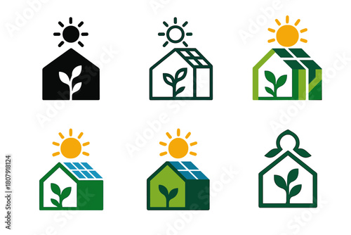 Agriculture Icon Set. Agriculture and climate change. Icon set. Set Logo of agriculture and climate change: solar-powered climate-controlled greenhouse.