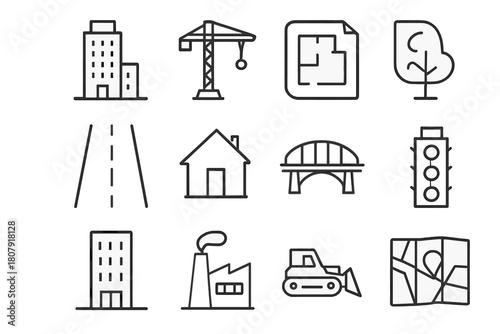Urban Icon Collection. Urban development. Line icon set of Urban development: skyscraper, construction crane, blueprint, road, house, bridge, tree, traffic