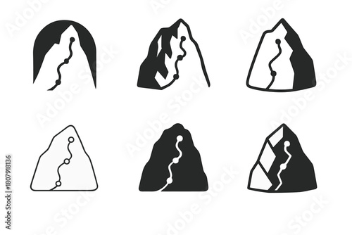 Ice Climbing Icon Set. Ice climbing. Icon set. Set Logo of ice climbing: climber ascending a frozen waterfall. harmonious logo variations of the same