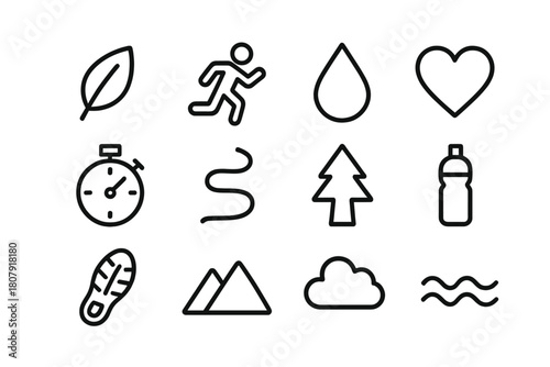 Eco Fitness Icons. Eco Fitness. Line icon set of Eco Fitness: leaf, running figure, droplet, heart, stopwatch, path, tree, water bottle, shoe print, mountain,