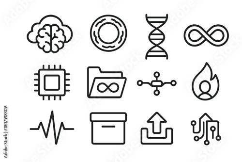 Digital Immortality Icons. Digital immortality. Line icon set of digital immortality: brain in cloud, circuit halo, DNA strand, energy loop, memory chip,