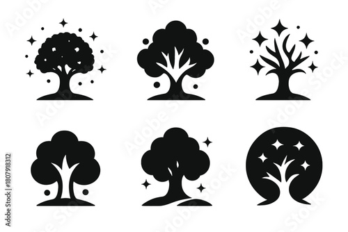 Magical Wish Tree Icons. A magical tree that grants wishes in an ancient forest. Icon set. Set Logo of Sparkling Orbs: Magic floating around tree. Stylized