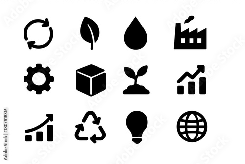 Circular Economy Icons. Circular Economy. Line icon set of Circular Economy: recycling arrows, box, gear, leaf, coin, truck, chart, hands holding leaf,