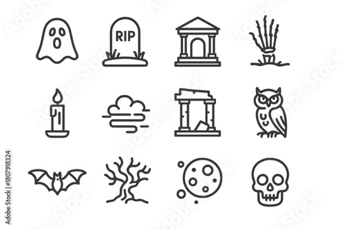 Phantom Graveyard Icons. Phantom in graveyard. Line icon set of Phantom in graveyard: ghost, tombstone, crypt, skeleton hand, candle, fog, ancient ruins, owl,