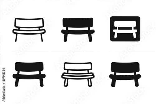 Empty Bench Icons. Empty bench. Icon set. Set Logo of empty bench: bench by lake. harmonious logo variations of the same emblematic concept, each