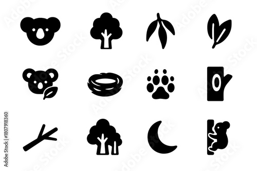 Tree-Dwelling Icons. Tree-Dwelling Animals. Solid icon set of Tree-Dwelling Animals: koala, tree, eucalyptus branch, leaves, baby koala, nest, paw print, tree