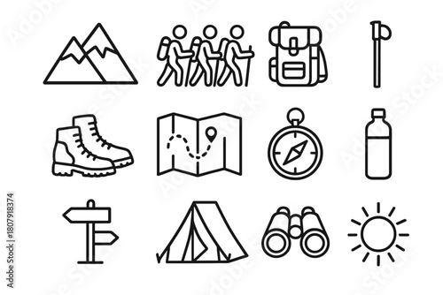 Mountain Trek Icons. Mountain trek group. Line icon set of Mountain trek group: mountain, group of hikers, backpack, walking stick, hiking boots, map, compass,