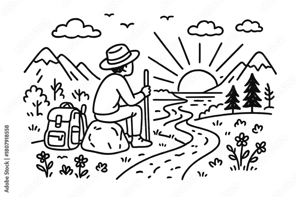 Obraz premium Solitary Sunset Gaze. Solitary Traveler. Hand-drawn doodle illustration Solitary Traveler person sitting on rock, gazing at sunset, mountains, clouds, river,