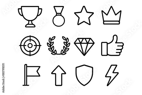 Game Icon Set. Game Achievements. Line icon set of Game Achievements: trophy, medal, star, crown, target, laurel wreath, diamond, thumbs up, flag, level up