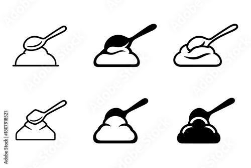 Mashed Potato Logos. Mashed potato mound. Icon set. Set Logo of mashed potato mound: serving spoon scooping mashed potatoes. harmonious logo variations of the