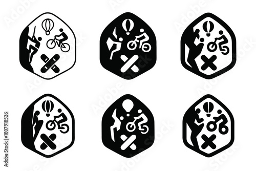 Extreme Sports Logos. Unusual hobbies and extreme sports. Set Logo of Unusual hobbies and extreme sports: adventure badge with mixed icons. harmonious logo