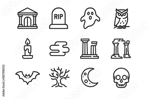 Haunted Crypt Icons. Haunted crypt. Line icon set of Haunted crypt: crypt, tombstone, ghost, skeleton hand, candle, fog, ancient ruins, owl, bat, twisted tree,