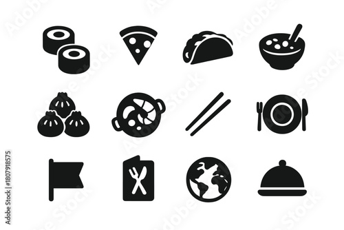 Cultural Cuisine Icons. Cultural cuisine. Solid icon set of Cultural cuisine: sushi, pizza, tacos, curry bowl, dumplings, paella pan, chopsticks, plate with