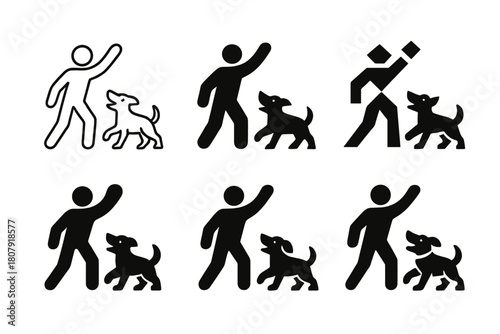 Joyful Pets Logos. joyful pets playing with their owners. Icon set. Set Logo of joyful pets playing with their owners: person running with dog in park.