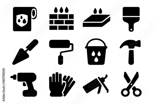 Moisture Barrier Icons. Moisture barrier. Solid icon set of moisture barrier: membrane, wall, floor, brush, trowel, roller, bucket, hammer, drill, gloves,