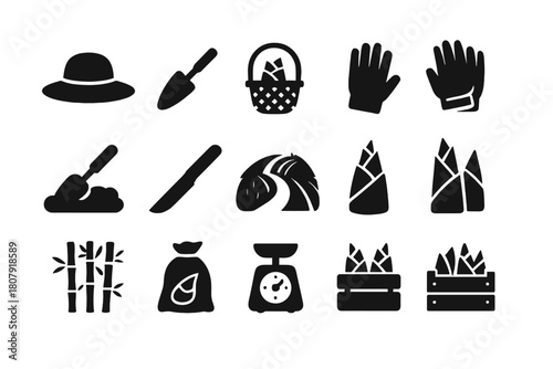 Bamboo Harvest Icons. Harvesting bamboo shoots. Solid icon set of Harvesting bamboo shoots: farmer hat, digging tool, bamboo shoot basket, garden gloves, soil