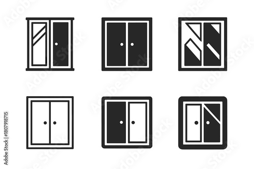Sliding Doors Icons. Sliding doors. Icon set. Set Logo of sliding doors: balcony slider with sheer curtain. harmonious logo variations of the same emblematic