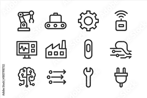 Industrial Automation Icons. Industrial Automation. Line icon set of Industrial Automation: robot arm, conveyor belt, gear, sensor, control screen, factory,