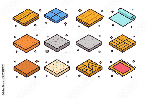 Colorful Floor Icons. Floor types. Colorful isometric vector icons set of Floor types: hardwood plank, tile square, laminate board, vinyl sheet, carpet swatch,