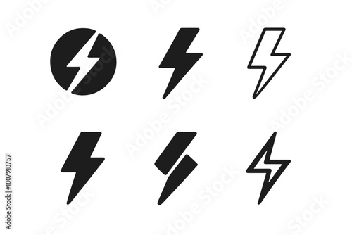 Diverse Lightning Logos. Lightning strike. Icon set. Set Logo of lightning strike: dramatic thunderbolt. harmonious logo variations of the same emblematic