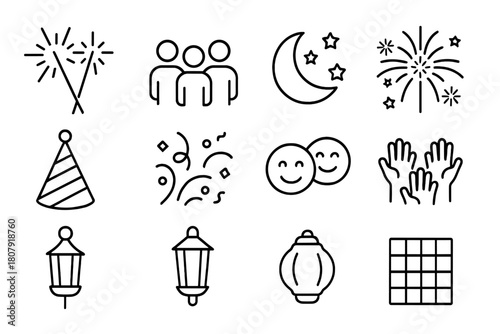 Sparkler Party Icons. Sparkler party. Line icon set of Sparkler party: sparklers, group of people, night sky, fireworks, crescent moon, stars, party hat,