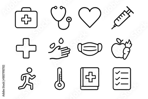 Health Education Icons. Health education icons. Line icon set of Health education icons: health book, first aid kit, stethoscope, heart, syringe, medical