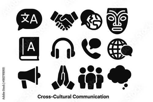Cross-Cultural Icons Set. Cross-Cultural Communication. Line icon set of Cross-Cultural Communication: globe, chat bubble, hands, people, flag, book, document,