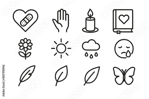 Emotional Healing Icons. Emotional healing. Line icon set of emotional healing: heart, bandage, hand, candle, journal, flower, sun, rain, tear, feather, leaf,