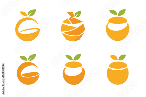 Edible Packaging Logos. Edible packaging innovations. Icon set. Set Logo of edible packaging innovations: eco-friendly container shaped like fruit peel.