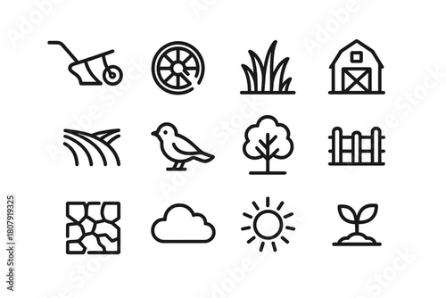 Abandoned Farm Icons. Abandoned Agriculture. Line icon set of Abandoned Agriculture: plow, broken wheel, overgrown grass, barn, field rows, bird, tree, fence,