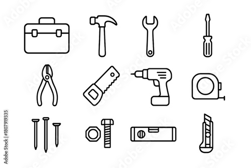Tool Kit Icon Set. Tool kit essentials. Line icon set of Tool kit essentials: toolbox case, hammer, wrench, screwdriver, pliers, saw, drill, tape measure,