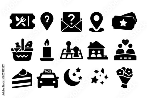 Surprise Date Icons. Surprise Date Night. Solid icon set of Surprise Date Night: reservation ticket, mystery envelope, map pin, cinema ticket, picnic basket,